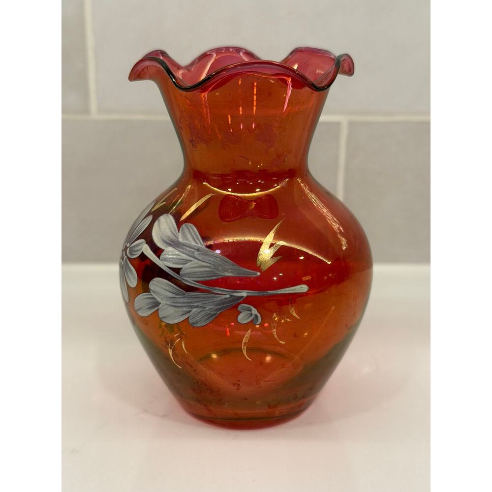 VTG Iridescent Cranberry Hand Painted Ruffled Rim Bud Vase - Picture 2 of 6